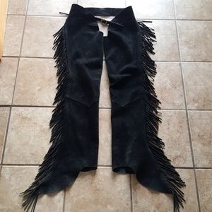 Black Leather Western Show Chaps with Fringe